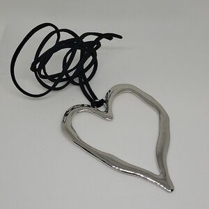 Silver Tone Heart 2.5" x 3.5" Black 28" Black Suede